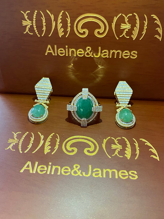 The look- Natural Burma TypeA empire Green Jade diamond ring & earrings set